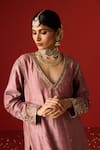 OHH CROW_Pink Raw Silk Hand Embroidered Sequins V-neck Zari Kurta Pant Set _Online