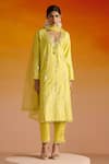 Buy_OHH CROW_Yellow Raw Silk Hand Embroidered Mirror Work Deep Plunge Kurta Pant Set _at_Aza_Fashions