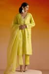 Buy_OHH CROW_Yellow Raw Silk Hand Embroidered Mirror Work Deep Plunge Kurta Pant Set _Online_at_Aza_Fashions