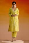 OHH CROW_Yellow Raw Silk Hand Embroidered Mirror Work Deep Plunge Kurta Pant Set _at_Aza_Fashions