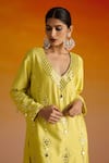 Shop_OHH CROW_Yellow Raw Silk Hand Embroidered Mirror Work Deep Plunge Kurta Pant Set 