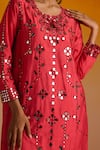 OHH CROW_Red Raw Silk Hand Embroidered Mirror Work U Neck And Beads Kurta Pant Set _Online_at_Aza_Fashions