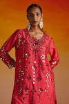 Buy_OHH CROW_Red Raw Silk Hand Embroidered Mirror Work U Neck And Beads Kurta Pant Set _Online_at_Aza_Fashions