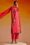 Buy_OHH CROW_Red Raw Silk Hand Embroidered Mirror Work U Neck And Beads Kurta Pant Set 