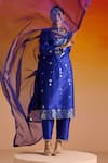 Buy_OHH CROW_Blue Raw Silk Hand Embroidered Mirror Work Deep Plunge Kurta Pant Set _at_Aza_Fashions