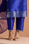 Shop_OHH CROW_Blue Raw Silk Hand Embroidered Mirror Work Deep Plunge Kurta Pant Set _Online_at_Aza_Fashions