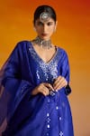 OHH CROW_Blue Raw Silk Hand Embroidered Mirror Work Deep Plunge Kurta Pant Set _at_Aza_Fashions