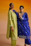 Shop_OHH CROW_Blue Raw Silk Hand Embroidered Mirror Work Deep Plunge Kurta Pant Set 