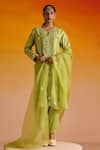 Buy_OHH CROW_Green Raw Silk Hand Embroidered Mirror Work Notched And Beads Kurta Pant Set _at_Aza_Fashions