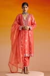 Buy_OHH CROW_Pink Raw Silk Hand Embroidered Mirror Work Deep Plunge And Beads Kurta Pant Set _at_Aza_Fashions