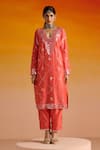 Buy_OHH CROW_Pink Raw Silk Hand Embroidered Mirror Work Deep Plunge And Beads Kurta Pant Set _Online_at_Aza_Fashions