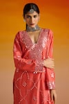 OHH CROW_Pink Raw Silk Hand Embroidered Mirror Work Deep Plunge And Beads Kurta Pant Set _Online