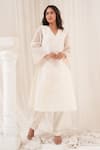Buy_House Of TA-YA_Ivory Chanderi Hand Embroidered Pearls V-neck A-line Kurta With Pant_at_Aza_Fashions