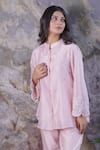 Buy_Myra Clothing Line_Peach Chanderi Hand Embroidered Resham Mandarin Floral Shirt With Pant _Online_at_Aza_Fashions