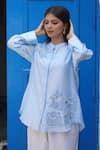 Shop_Myra Clothing Line_Blue Chanderi Hand Embroidered Beads Mandarin Floral Top _at_Aza_Fashions