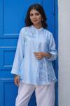 Buy_Myra Clothing Line_Blue Chanderi Hand Embroidered Beads Mandarin Floral Top _Online_at_Aza_Fashions