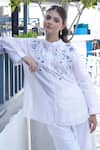 Shop_Myra Clothing Line_White Chanderi Hand Embroidered Thread Mandarin Resham Floral Top _at_Aza_Fashions