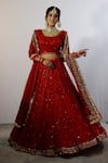 Buy_STUDIO TWELVE 11_Red Net Embroidered Sequin U-neck Floral Bridal Lehanga Set _at_Aza_Fashions