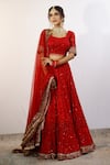 STUDIO TWELVE 11_Red Net Embroidered Sequin U-neck Floral Bridal Lehanga Set _Online_at_Aza_Fashions