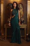 Buy_DiyaRajvvir_Green Tulle Embroidered Sequin Halter Neck Pre-draped Sharara Saree With Blouse_at_Aza_Fashions