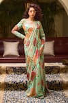 Buy_DiyaRajvvir_Green Crepe Print Floral Round Pre-draped Saree With Blouse _at_Aza_Fashions