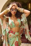 Shop_DiyaRajvvir_Green Crepe Print Floral V-neck Draped Skirt Blouse Set _Online_at_Aza_Fashions