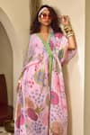 Shop_DiyaRajvvir_Pink Georgette Print Floral V-neck Kaftan With Flared Pant _Online_at_Aza_Fashions