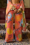 DiyaRajvvir_Peach Crepe Print Floral Blouse V-neck Cape Flared Pant Set _Online_at_Aza_Fashions