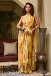 Buy_DiyaRajvvir_Yellow Crepe Print Floral Band Collar Blossom Pre-draped Saree With Blouse _at_Aza_Fashions