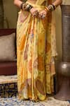 DiyaRajvvir_Yellow Crepe Print Floral Band Collar Blossom Pre-draped Saree With Blouse _Online_at_Aza_Fashions