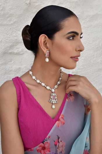 Buy_Swabhimann_Pink Imitation Diamonds Carved Pendant Necklace Set _at_Aza_Fashions