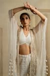Shop_Pooja-Keyur_White Cape And Cropped Top Organza Embroidery Floral Cape Open Aari & Pant Set_at_Aza_Fashions