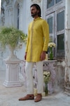 Amrit Dawani_Green Cotton Blend Embroidery Bullian Leaf Motif Kurta With Trouser _at_Aza_Fashions