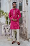 Buy_Amrit Dawani_Pink Raw Silk Embroidery Mirror Flora Jaal Kurta With Pant_at_Aza_Fashions