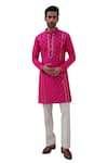 Amrit Dawani_Pink Raw Silk Embroidery Mirror Flora Jaal Kurta With Pant_Online_at_Aza_Fashions