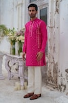 Buy_Amrit Dawani_Pink Raw Silk Embroidery Mirror Flora Jaal Kurta With Pant_Online_at_Aza_Fashions