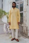 Buy_Amrit Dawani_Yellow Raw Silk Embroidery Mirror Phool Vine Kurta With Pant _at_Aza_Fashions