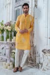 Buy_Amrit Dawani_Yellow Muslin Embroidery Royal Peacock Kurta With Trouser_at_Aza_Fashions