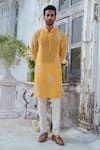Buy_Amrit Dawani_Yellow Muslin Embroidery Royal Peacock Kurta With Trouser_Online_at_Aza_Fashions