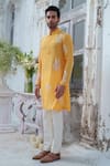 Shop_Amrit Dawani_Yellow Muslin Embroidery Royal Peacock Kurta With Trouser_Online_at_Aza_Fashions