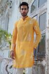 Shop_Amrit Dawani_Yellow Muslin Embroidery Royal Peacock Kurta With Trouser_at_Aza_Fashions