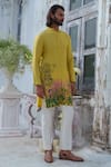 Shop_Amrit Dawani_Green Cotton Blend Hand Paint Spring Blossom Kurta With Trouser_Online_at_Aza_Fashions