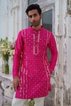 Buy_Amrit Dawani_Pink Kurta Raw Silk Embroidery Thread Mirror Work Set With Stole