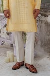 Buy_Amrit Dawani_Yellow Kurta Raw Silk Embroidery Thread Mirror Set With Stole _Online_at_Aza_Fashions