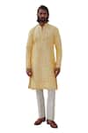 Shop_Amrit Dawani_Yellow Kurta Raw Silk Embroidery Thread Mirror Set With Stole _Online_at_Aza_Fashions