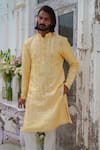 Shop_Amrit Dawani_Yellow Kurta Raw Silk Embroidery Thread Mirror Set With Stole _at_Aza_Fashions