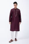 Buy_KAKA CALCUTTA_Wine Kurta Bam Silk Embellished Mirrorwork Threadwork With Pyjama _at_Aza_Fashions