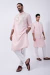 KAKA CALCUTTA_Pink Kurta Bam Silk Embellished Mirrorwork Swirl Threadwork With Pyjama _Online_at_Aza_Fashions