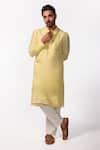 Buy_KAKA CALCUTTA_Yellow Kurta Bam Silk Embroidered Thread Collar And Pyjama Set _at_Aza_Fashions