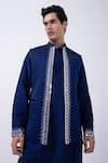 KAKA CALCUTTA_Blue Bundi Jacket Linen Satin Embroidered Mirror With Kurta Set _at_Aza_Fashions